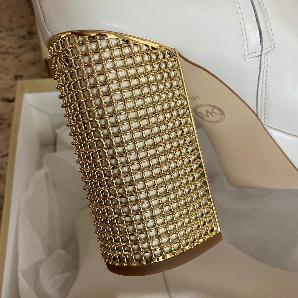 Michael Kors Maxine Platform Bootie Light Cream Leather Gold Cage 9.5 - Picture 10 of 11